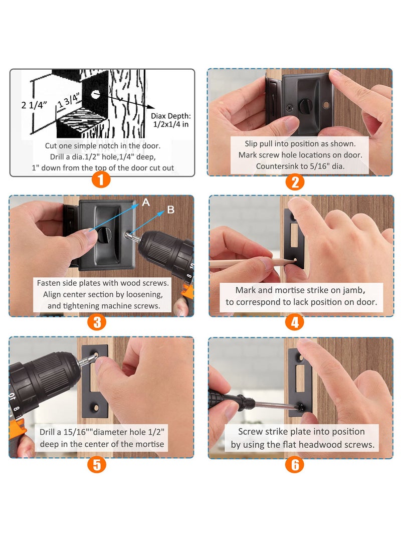 SYOSI Sliding Pocket Door Lock Hardware, Replace Old or Damaged Privacy Black Pull Handles Security Door Lock Latch Knob Safety Upgraded 2-3/4”x2-1/2”, for 1-3/8” Thickness Door - Image 5