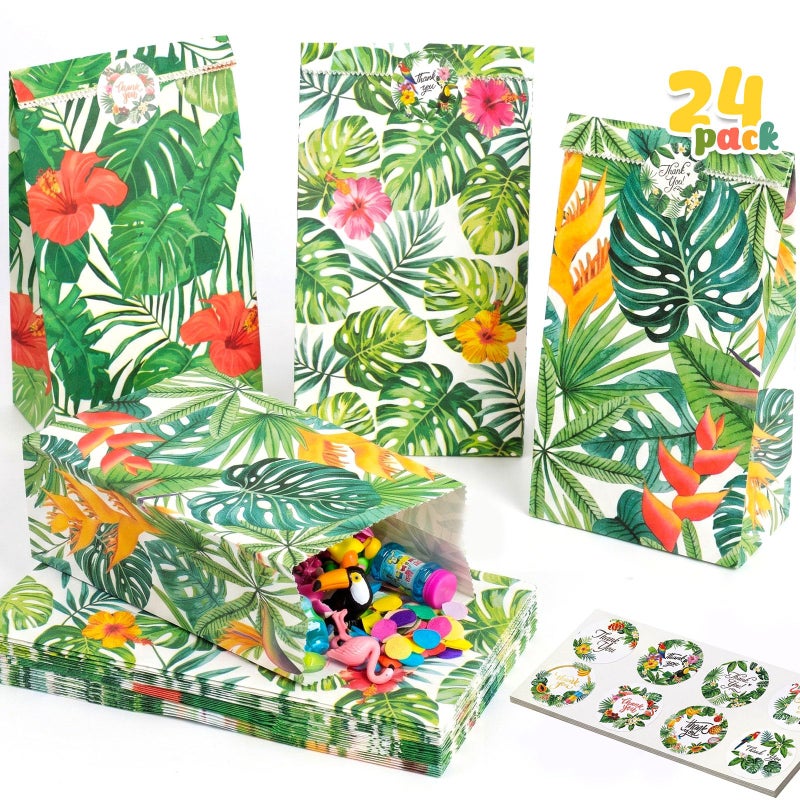 Shindel 24 Pack Tropical Hawaii Party Favor Bags with Stickers - 8.7"x4.7"x3.1" Luau Aloha Goodie Bags, Summer Beach Theme for Kids Birthday Party & Gift Packaging - Image 1
