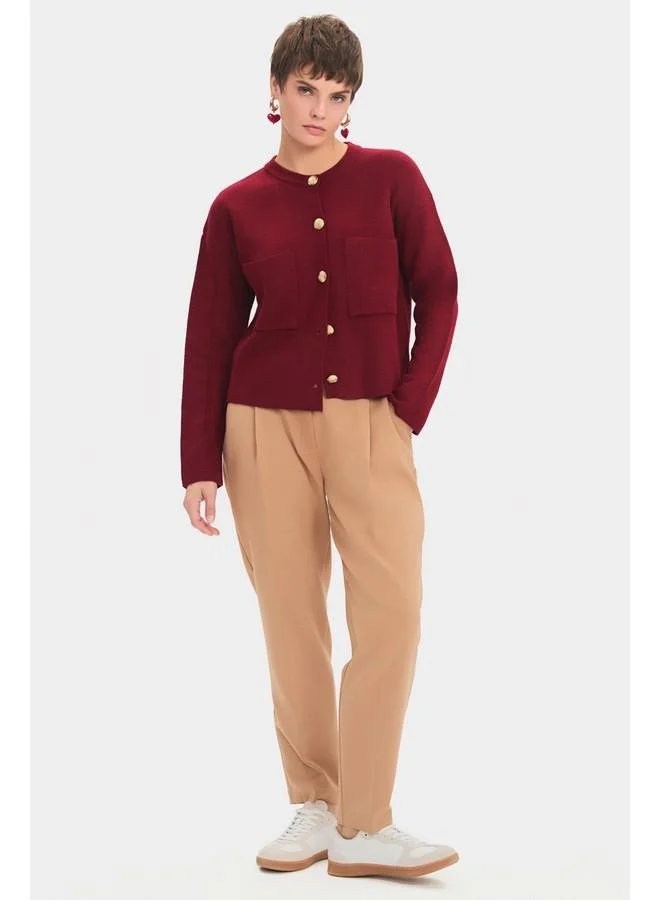 JUNE June Women Pocket Gold Button Detailed Knitwear Cardigan Burgundy