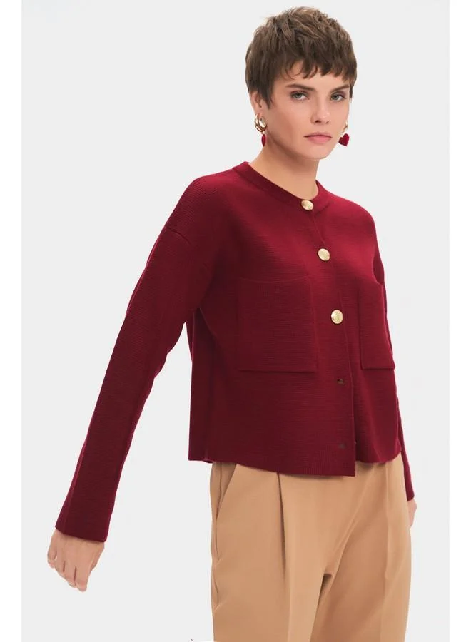 JUNE June Women Pocket Gold Button Detailed Knitwear Cardigan Burgundy