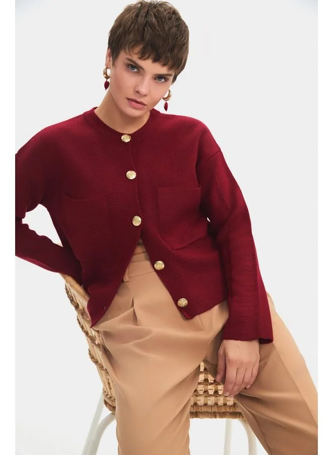 JUNE June Women Pocket Gold Button Detailed Knitwear Cardigan Burgundy