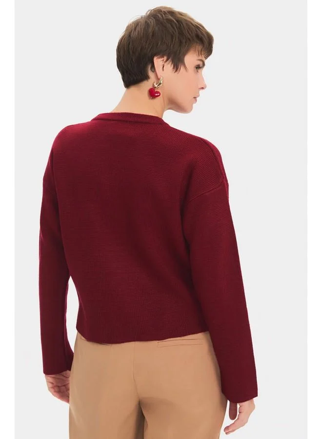 JUNE June Women Pocket Gold Button Detailed Knitwear Cardigan Burgundy