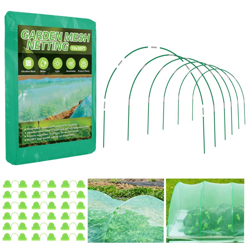 Monirsen Garden Mesh Netting Kit, 10x30FT Green Ultra Fine Mesh Netting ï¼†6 Sets of 8FT Fiberglass Garden Hoops for Raised Beds, Insect Netting Row Cover Net Protect Plants Vegetable Fruits Flowers - Image 1
