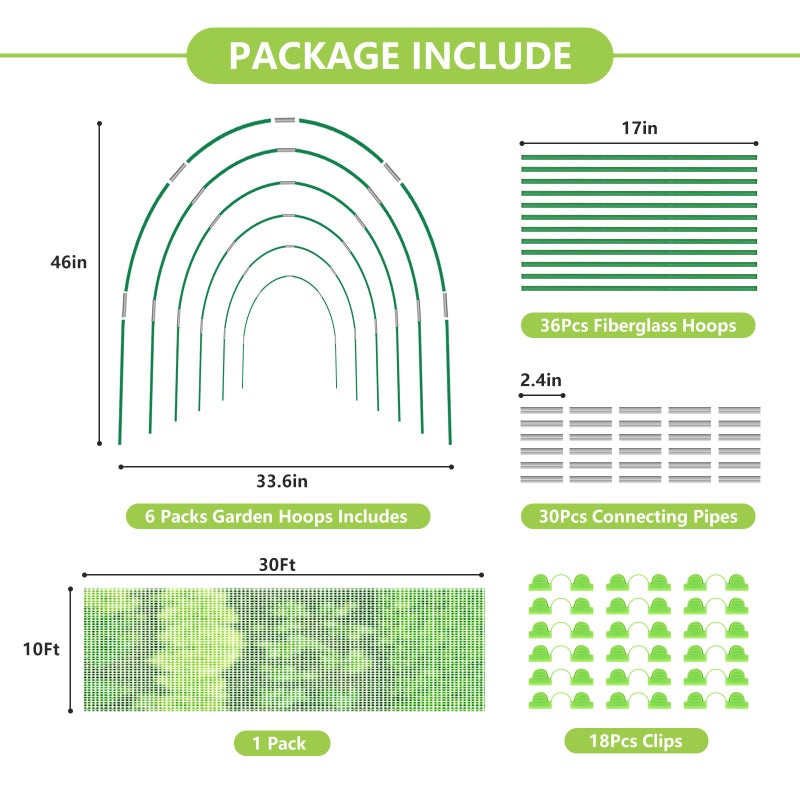 Monirsen Garden Mesh Netting Kit, 10x30FT Green Ultra Fine Mesh Netting ï¼†6 Sets of 8FT Fiberglass Garden Hoops for Raised Beds, Insect Netting Row Cover Net Protect Plants Vegetable Fruits Flowers - Image 3