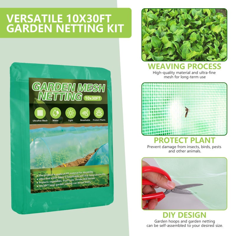 Monirsen Garden Mesh Netting Kit, 10x30FT Green Ultra Fine Mesh Netting ï¼†6 Sets of 8FT Fiberglass Garden Hoops for Raised Beds, Insect Netting Row Cover Net Protect Plants Vegetable Fruits Flowers - Image 2