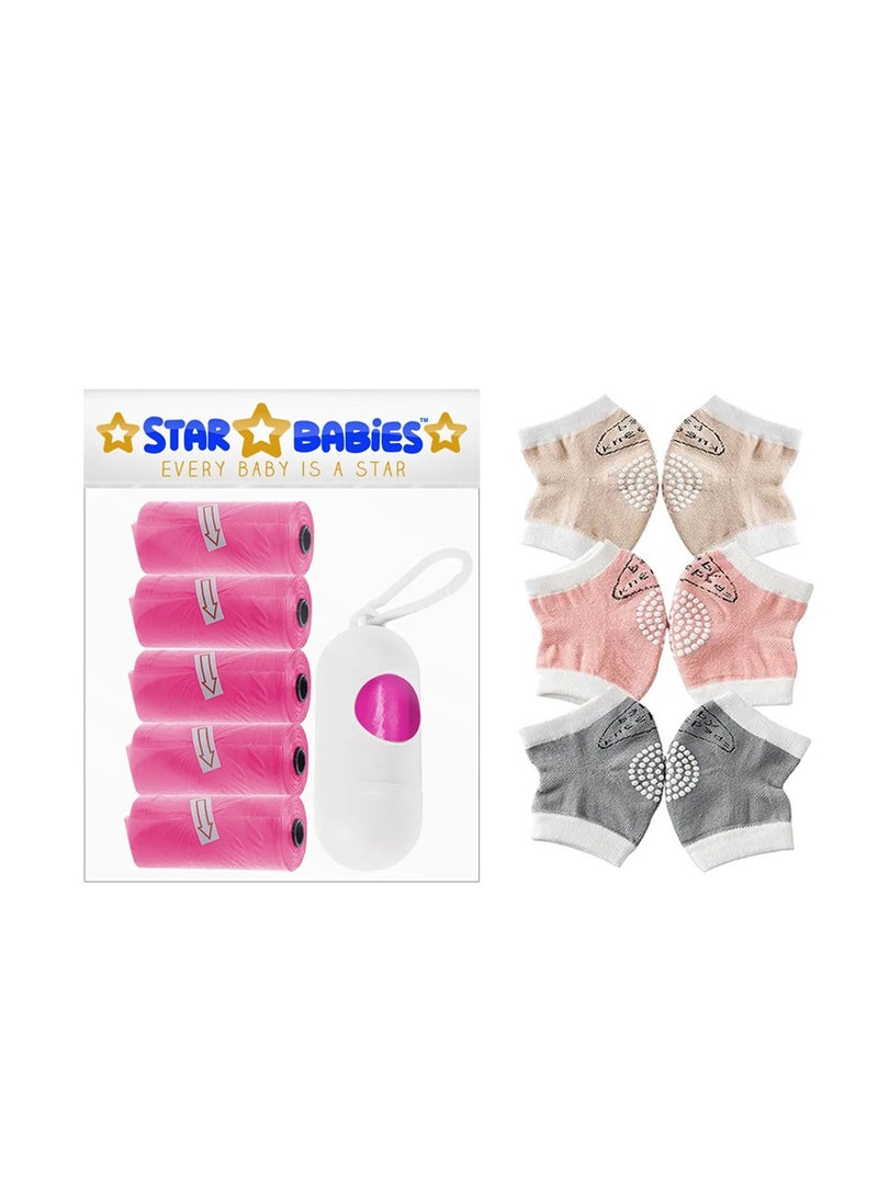 STAR BABiES Star Babies - Combo Pack of 2- Scented Bag Pack of 5 (75 Bags w/Dispenser) with Baby Girl's Kneepad - Pink  - Image 1