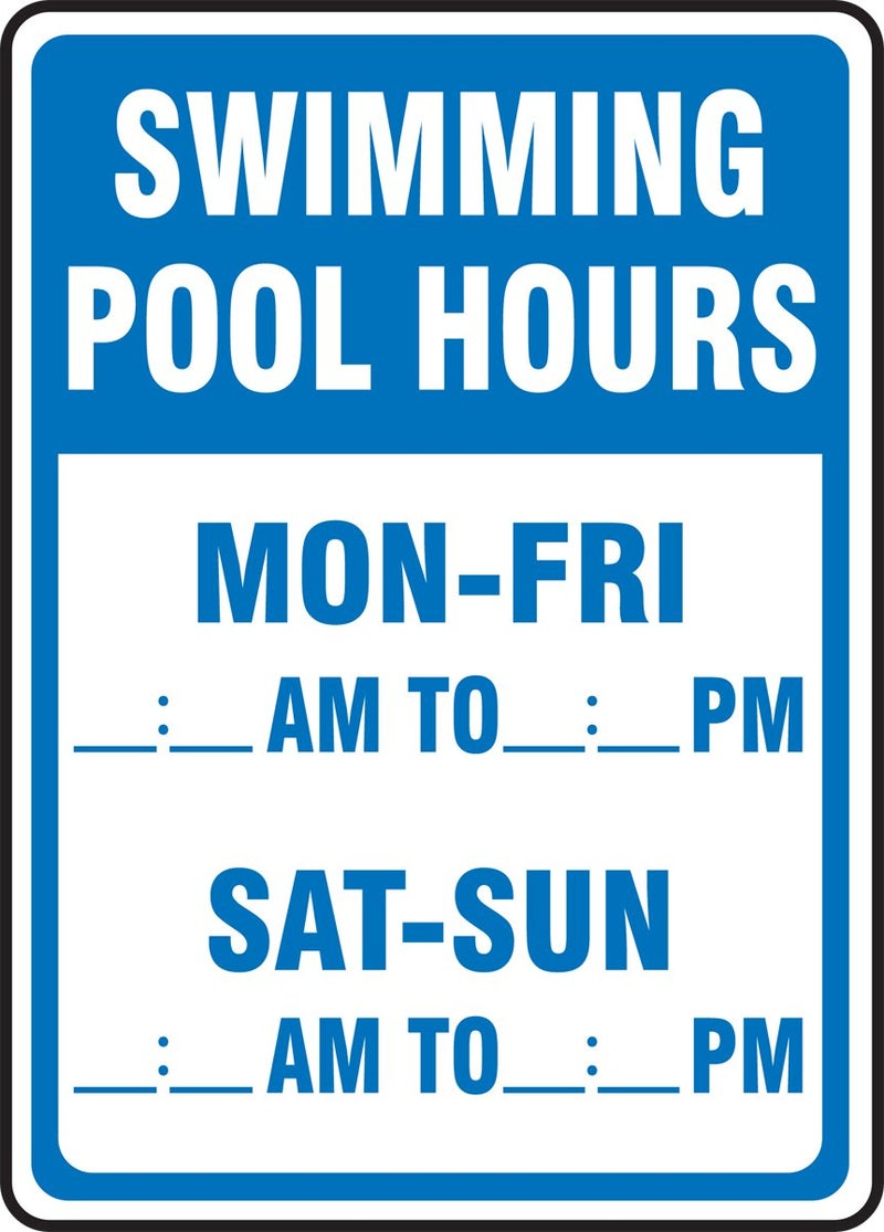 Accuform MADM439VA Aluminum Safety Sign, Legend "Swimming Pool Hours - MON-FRI : AM to : PM - SAT-Sun...", 10" Length x 7" Width, Blue on White - Image 3