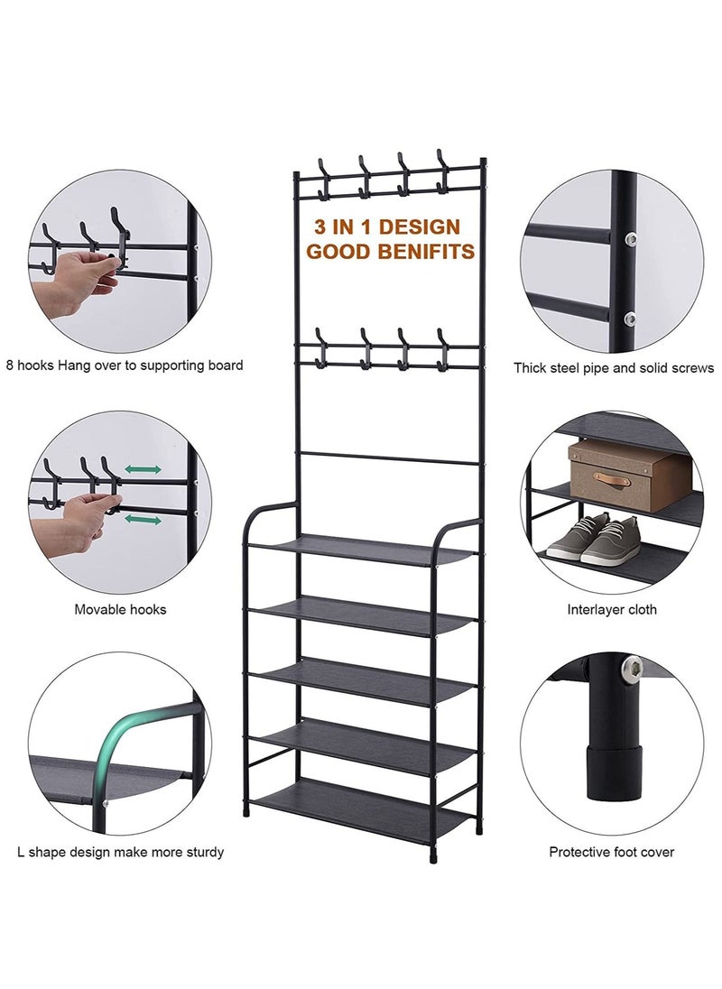 Toshionics - Multifunctional 3 in 1 Entryway Coat Rack 5 Tier Hall Tree Shoe Bench Large Storage Shelfs - Image 1