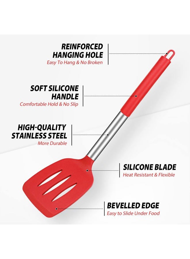 DaiRen Kitchen Pack of 4 Large Silicone Cooking Spatulas and Spoons, Slotted and Solid Stainless Steel Cooking Utensils Set, Non-stick Heat Resistant for Baking, Fried, Stir-Fry, Mixing, Serving (Red) - Image 3