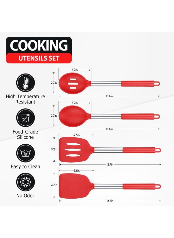 DaiRen Kitchen Pack of 4 Large Silicone Cooking Spatulas and Spoons, Slotted and Solid Stainless Steel Cooking Utensils Set, Non-stick Heat Resistant for Baking, Fried, Stir-Fry, Mixing, Serving (Red) - Image 2