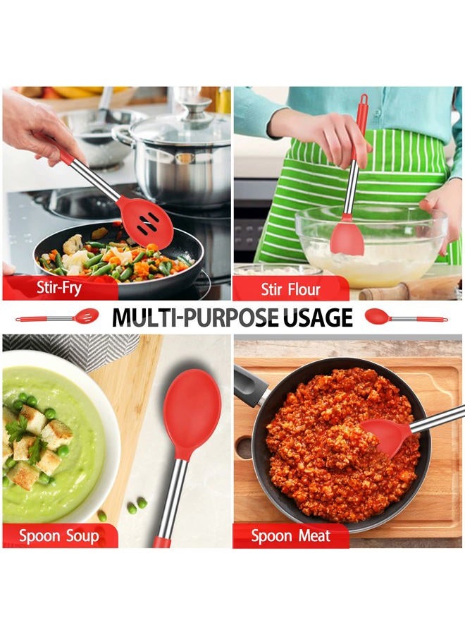 DaiRen Kitchen Pack of 4 Large Silicone Cooking Spatulas and Spoons, Slotted and Solid Stainless Steel Cooking Utensils Set, Non-stick Heat Resistant for Baking, Fried, Stir-Fry, Mixing, Serving (Red) - Image 5