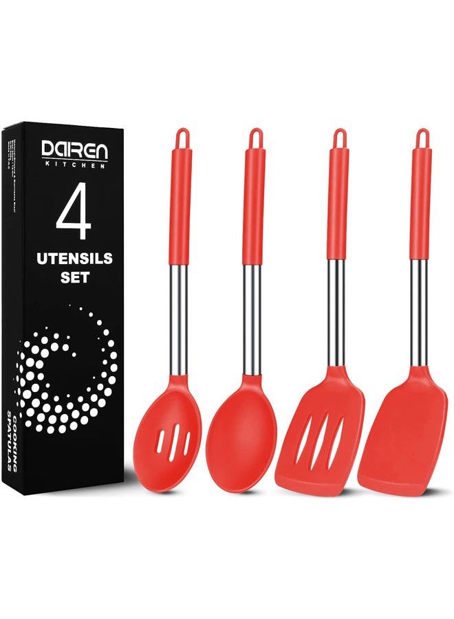 DaiRen Kitchen Pack of 4 Large Silicone Cooking Spatulas and Spoons, Slotted and Solid Stainless Steel Cooking Utensils Set, Non-stick Heat Resistant for Baking, Fried, Stir-Fry, Mixing, Serving (Red) - Image 1