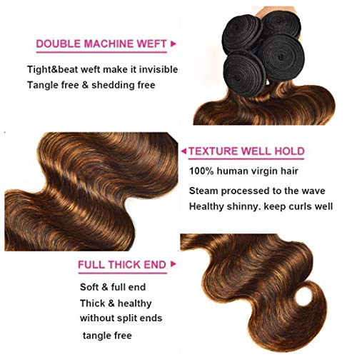UNice Ombre Brown Highlight Body Wave Human Hair Weave 1 bundle 8 inch, Brazilian Remy Hair Dark Root Blonde Human Hair Weaves Extension Piano Color TFB30 - Image 3