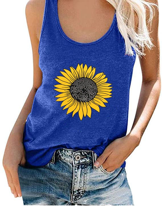 2024 Summer Sunflower Print Sleeveless Womens Top Blue  - Image 1