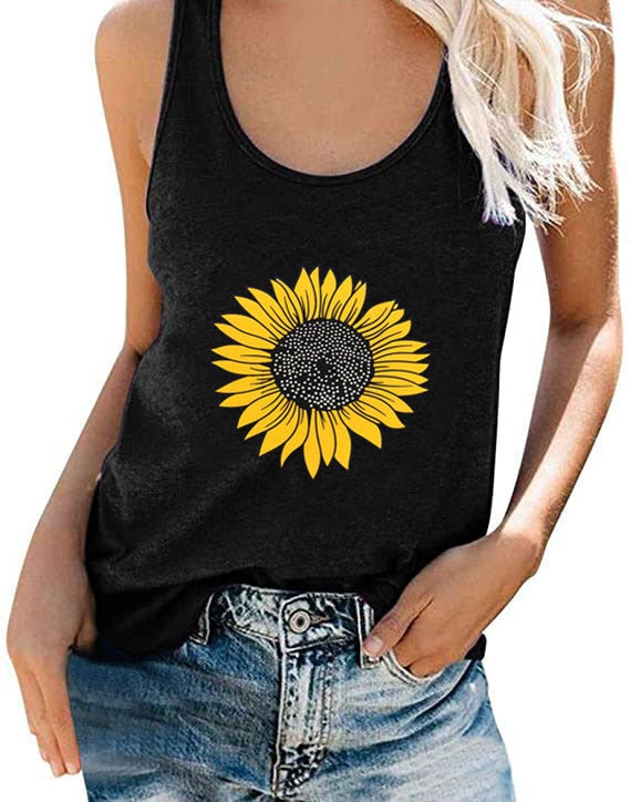 2024 Summer Sunflower Print Sleeveless Womens Top Blue  - Image 3