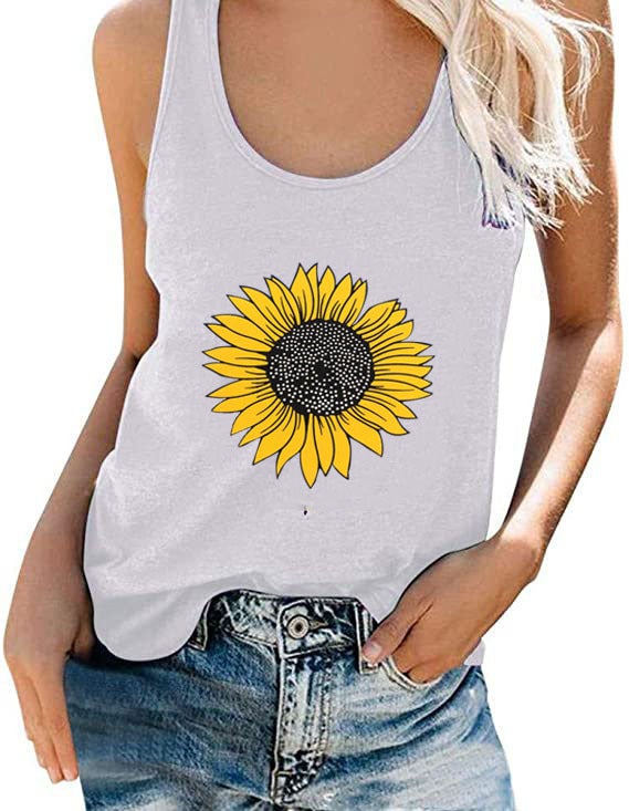 2024 Summer Sunflower Print Sleeveless Womens Top Blue  - Image 2