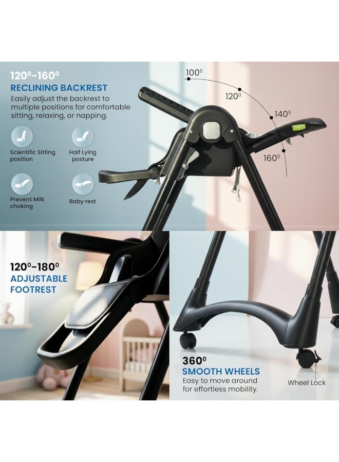 BAYBEE Premium Foldable 4 in 1 Kids High Chair for Baby with 6 Level Height Adjustable, Baby Feeding Chair with 3 Position Recline & Adjustable Footrest, 5 Point Safety Belt, |  Baby High Chair for Kids with Removeable Food Tray & Lockable Wheels Black - Image 4