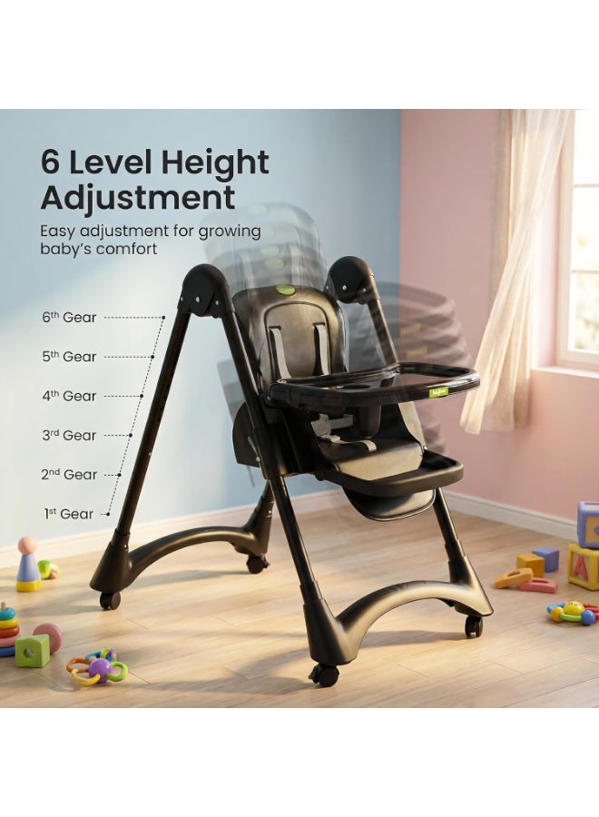 BAYBEE Premium Foldable 4 in 1 Kids High Chair for Baby with 6 Level Height Adjustable, Baby Feeding Chair with 3 Position Recline & Adjustable Footrest, 5 Point Safety Belt, |  Baby High Chair for Kids with Removeable Food Tray & Lockable Wheels Black - Image 3