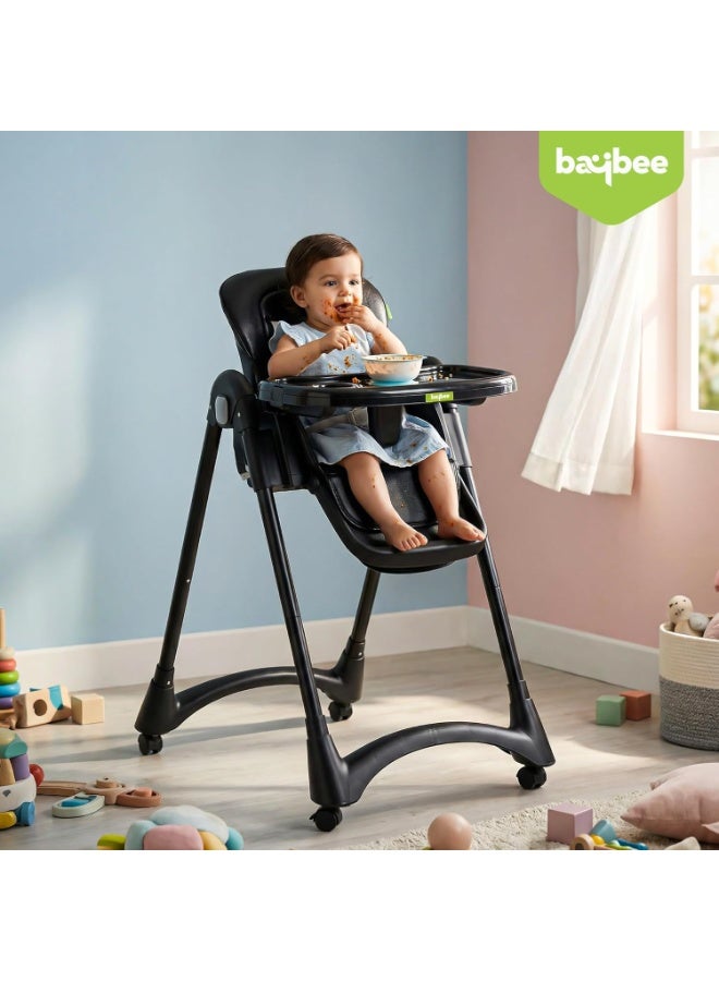 BAYBEE Premium Foldable 4 in 1 Kids High Chair for Baby with 6 Level Height Adjustable, Baby Feeding Chair with 3 Position Recline & Adjustable Footrest, 5 Point Safety Belt, |  Baby High Chair for Kids with Removeable Food Tray & Lockable Wheels Black - Image 2