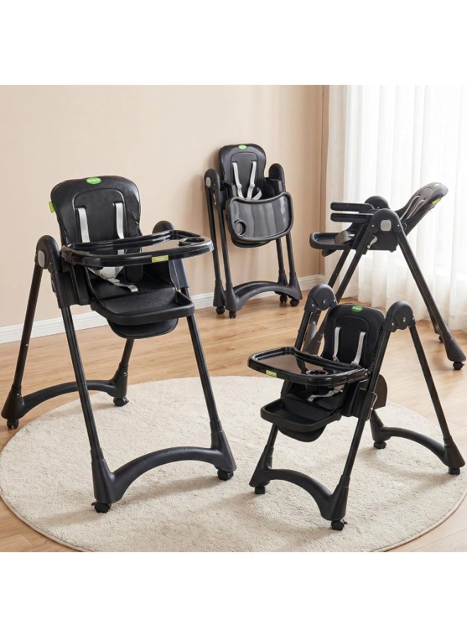 BAYBEE Premium Foldable 4 in 1 Kids High Chair for Baby with 6 Level Height Adjustable, Baby Feeding Chair with 3 Position Recline & Adjustable Footrest, 5 Point Safety Belt, |  Baby High Chair for Kids with Removeable Food Tray & Lockable Wheels Black - Image 1