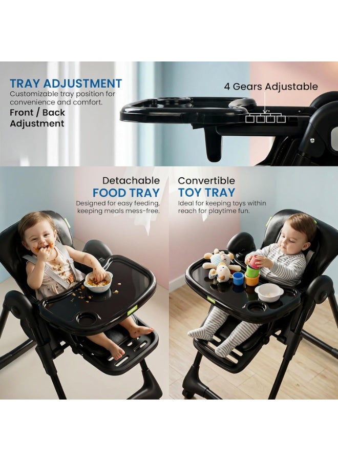 BAYBEE Premium Foldable 4 in 1 Kids High Chair for Baby with 6 Level Height Adjustable, Baby Feeding Chair with 3 Position Recline & Adjustable Footrest, 5 Point Safety Belt, |  Baby High Chair for Kids with Removeable Food Tray & Lockable Wheels Black - Image 5