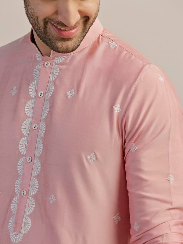 KISAH Kurta for Men – Thread Embroidery Cotton Blend Kurta | Ethnic & Casual Wear for Festivals, Parties & Office Pink - Image 5