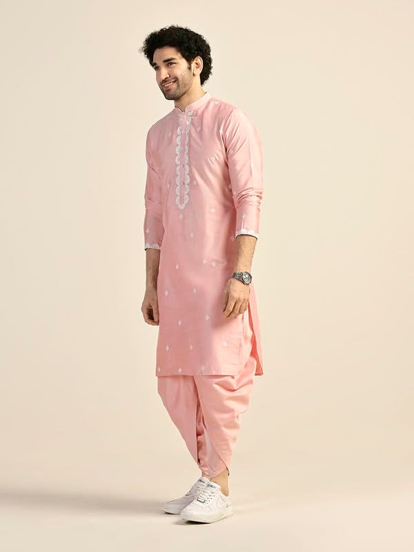 KISAH Kurta for Men – Thread Embroidery Cotton Blend Kurta | Ethnic & Casual Wear for Festivals, Parties & Office Pink - Image 3