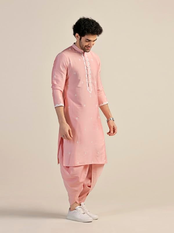KISAH Kurta for Men – Thread Embroidery Cotton Blend Kurta | Ethnic & Casual Wear for Festivals, Parties & Office Pink - Image 2