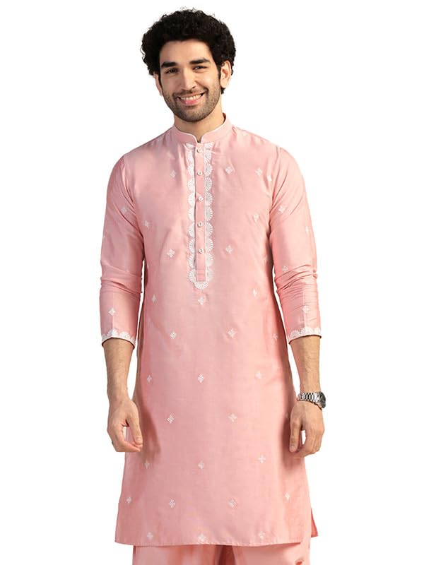 KISAH Kurta for Men – Thread Embroidery Cotton Blend Kurta | Ethnic & Casual Wear for Festivals, Parties & Office Pink - Image 1