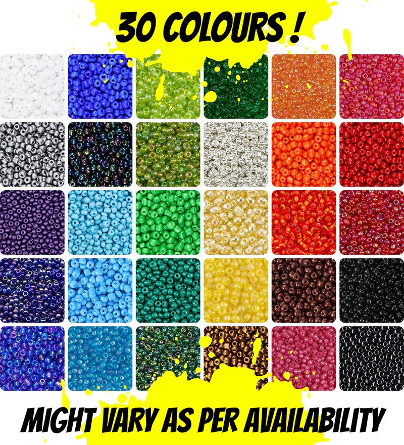 INDIKONB 30 Colors 4 mm Seed Beads Jewellery Making Material - includes Small Multicolor Seed Beads & Nylon Wire Thread - Jewelry Making Set for Embroidery Work, Art and Craft (4 mm - 6/0, 30 Colours) - Image 2