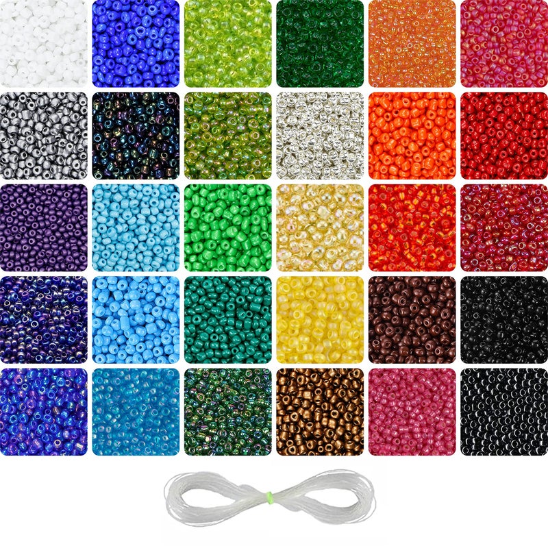 INDIKONB 30 Colors 4 mm Seed Beads Jewellery Making Material - includes Small Multicolor Seed Beads & Nylon Wire Thread - Jewelry Making Set for Embroidery Work, Art and Craft (4 mm - 6/0, 30 Colours) - Image 1