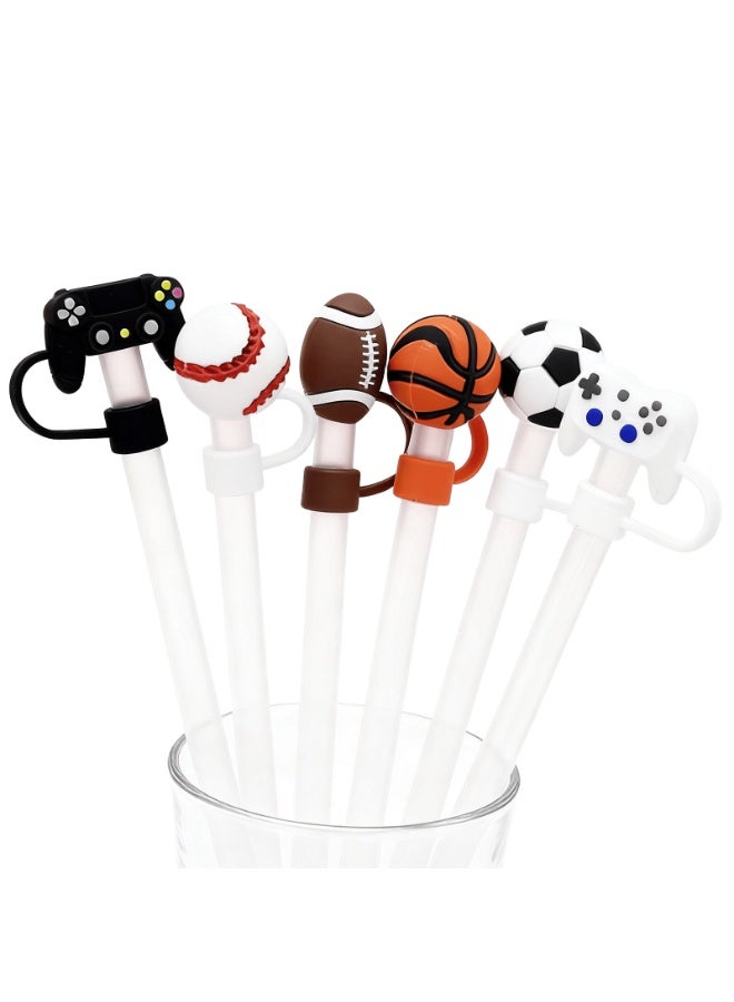 ACYYH SportsCaps Sports-Themed Silicone Straw Caps, 6-Pack,  Baseball Football Basketball Soccer Game Controller Design, Reusable Spray-Proof Drink Toppers - Image 1