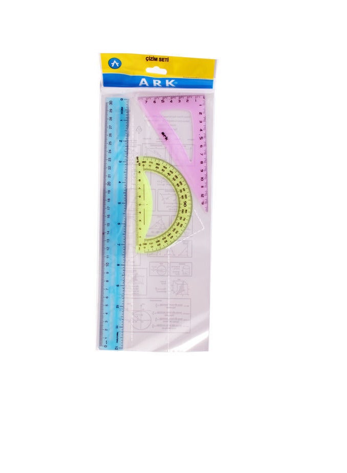 ARK 3-Piece Geometry Set (Triangle + 30cm Ruler + Protractor) Multicolor - Ark 026 - Image 1