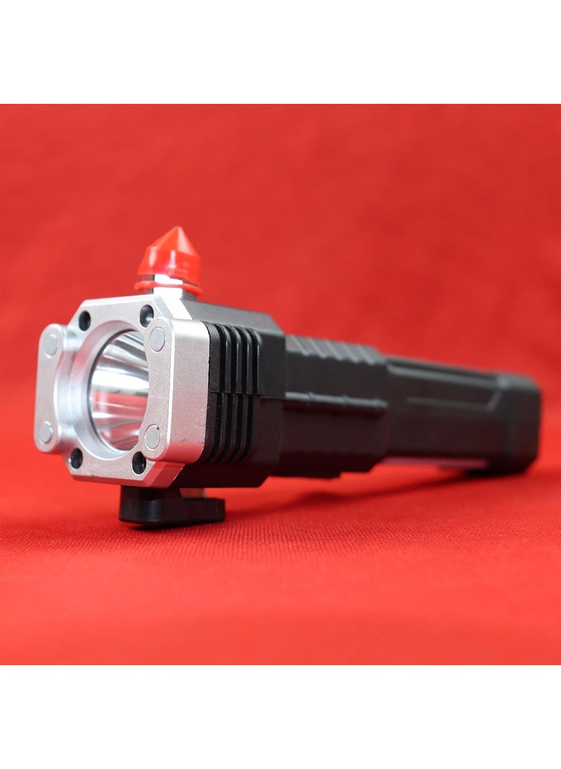 NK TRADERS - NK TRADERS Rechargeable Torch LightLED 3W Torch FlashlightLong Distance Beam Range Car Rescue Torch with Hammer Window Glass and Seat Belt Cutter Built - Image 1