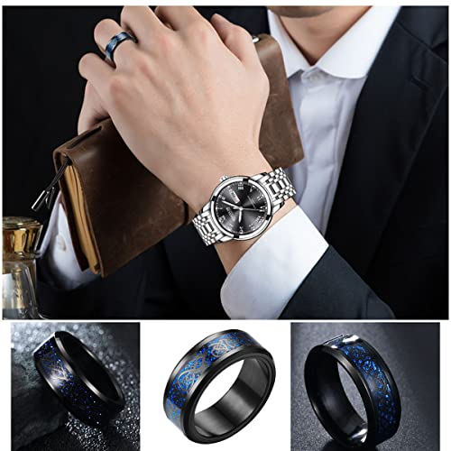 yfstyle 4PCS Plain Band Rings for Men Stainless Steel Rings for Men Wedding Ring Cool Spinner Rings for Men Black Stainless Steel Ring Set Anxiety Ring Fidget Blue-7 - Image 4