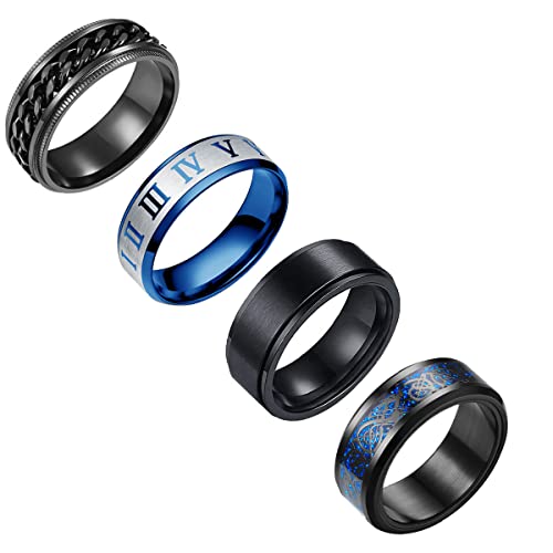 yfstyle 4PCS Plain Band Rings for Men Stainless Steel Rings for Men Wedding Ring Cool Spinner Rings for Men Black Stainless Steel Ring Set Anxiety Ring Fidget Blue-7 - Image 1