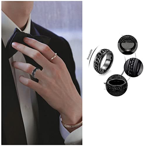 yfstyle 4PCS Plain Band Rings for Men Stainless Steel Rings for Men Wedding Ring Cool Spinner Rings for Men Black Stainless Steel Ring Set Anxiety Ring Fidget Blue-7 - Image 3