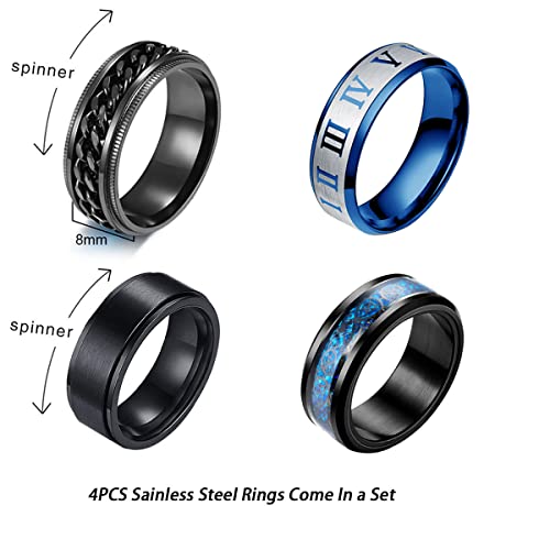 yfstyle 4PCS Plain Band Rings for Men Stainless Steel Rings for Men Wedding Ring Cool Spinner Rings for Men Black Stainless Steel Ring Set Anxiety Ring Fidget Blue-7 - Image 2