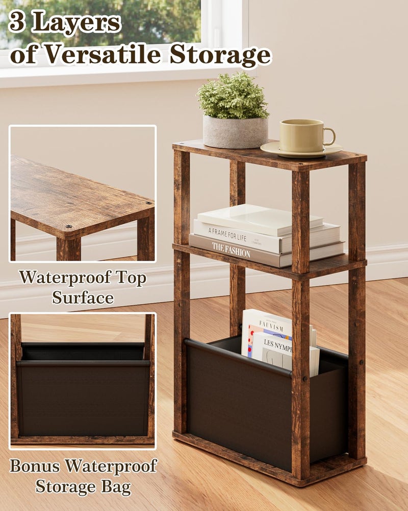 Apetaccat Narrow Side Table, 3-Tier Night Stand with Storage Bag, Skinny Nightstand for Small Spaces, Wooden Bedside Table for Living Room, Bedroom, Rustic Brown - Image 4