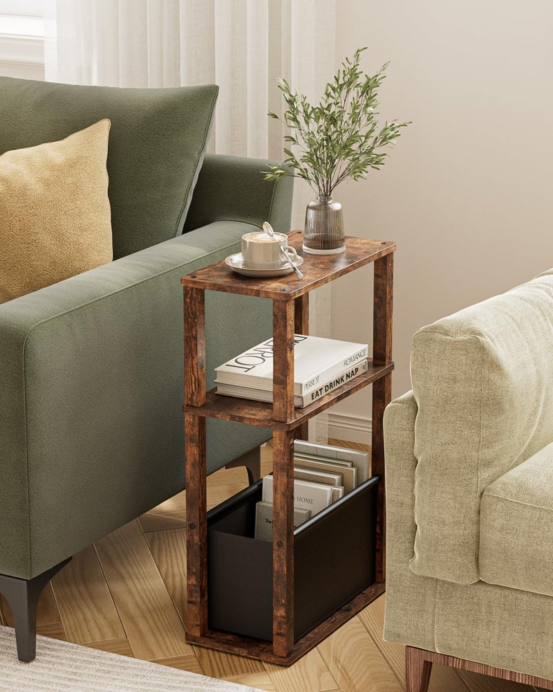 Apetaccat Narrow Side Table, 3-Tier Night Stand with Storage Bag, Skinny Nightstand for Small Spaces, Wooden Bedside Table for Living Room, Bedroom, Rustic Brown - Image 1