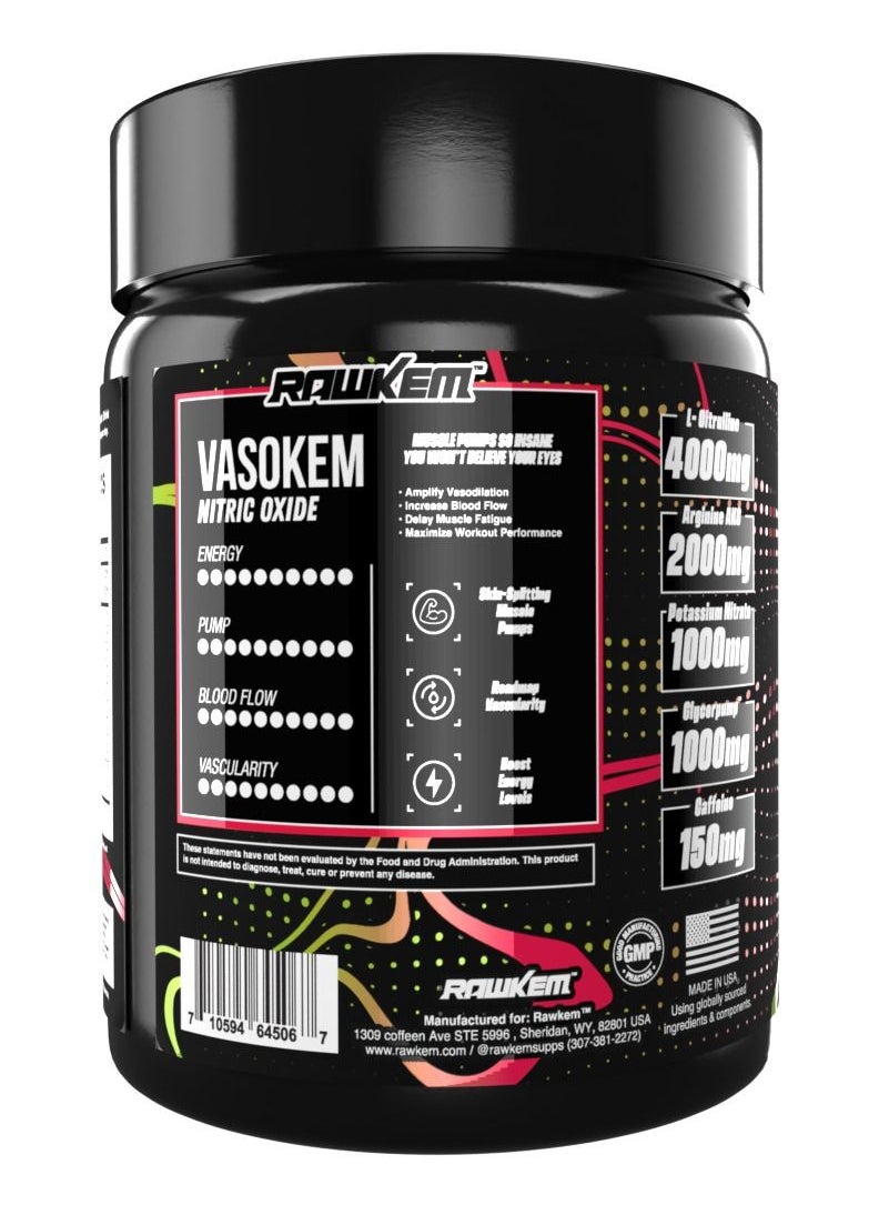 RawKem - RawKem VasoKem - Muscle Pumps  Vasodilation Powerhouse – Nitric Oxide , pump preworkout -Muscle Growth, Enhanced Blood Flow, Energy Boost - 10 Ingrediens, citrulline, arginine 25 servings, 305 g - Image 1