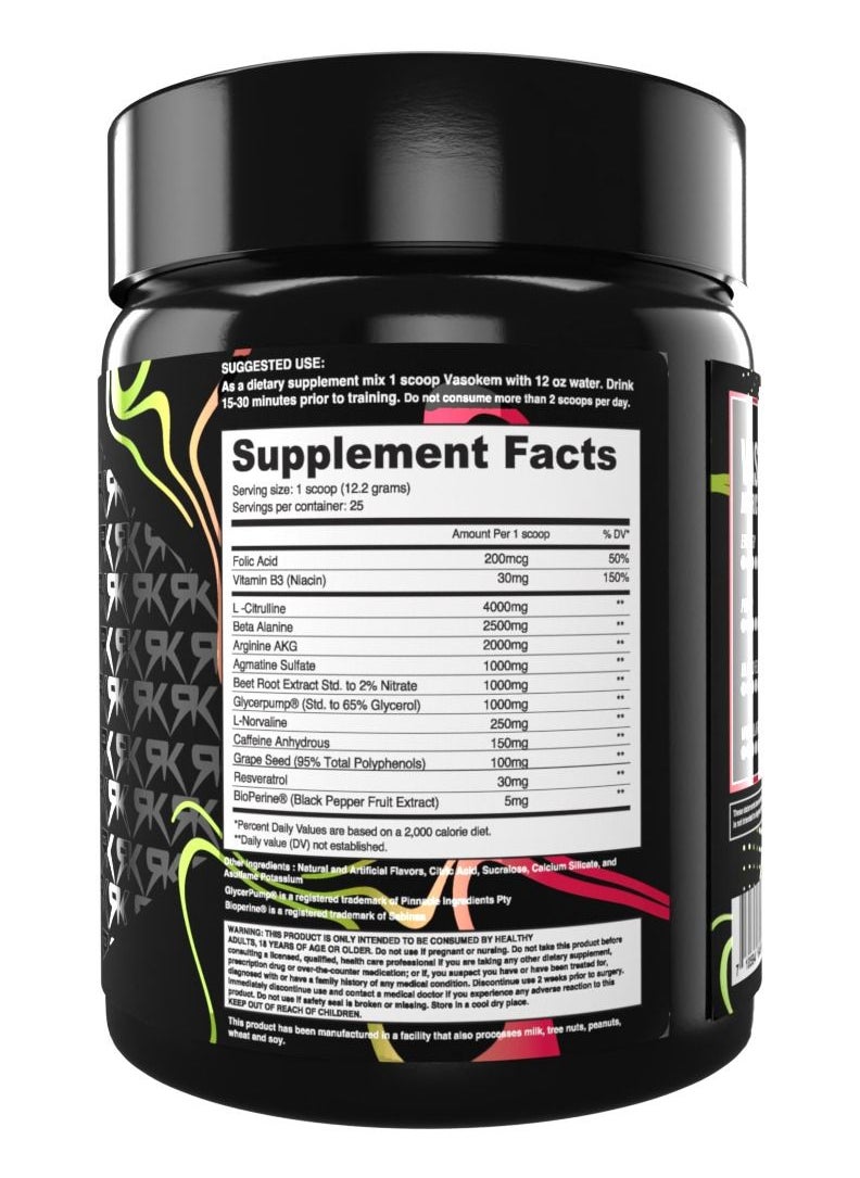 RawKem - RawKem VasoKem - Muscle Pumps  Vasodilation Powerhouse – Nitric Oxide , pump preworkout -Muscle Growth, Enhanced Blood Flow, Energy Boost - 10 Ingrediens, citrulline, arginine 25 servings, 305 g - Image 1