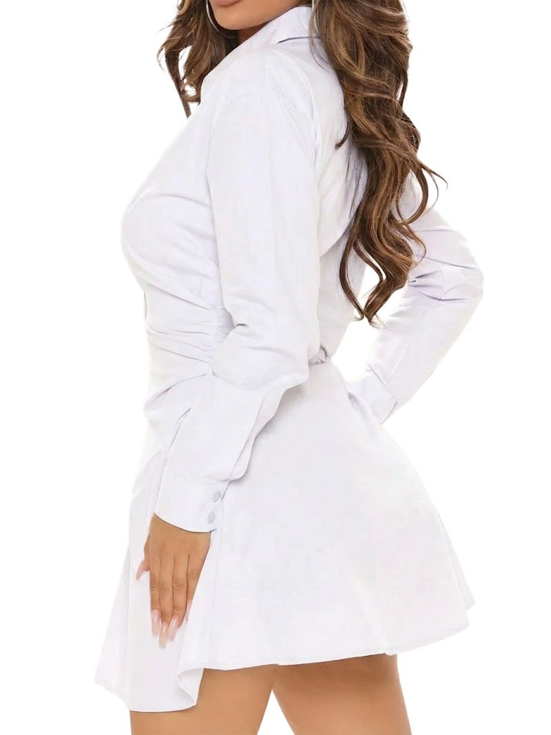 SUNNOW Women's Short Shirt Dress, Long Sleeve V-Neck Button Down Tunic with Ruched Waist, Casual Collared Mini Dress (US, Alpha, Large, Regular, Regular, White) - Image 2