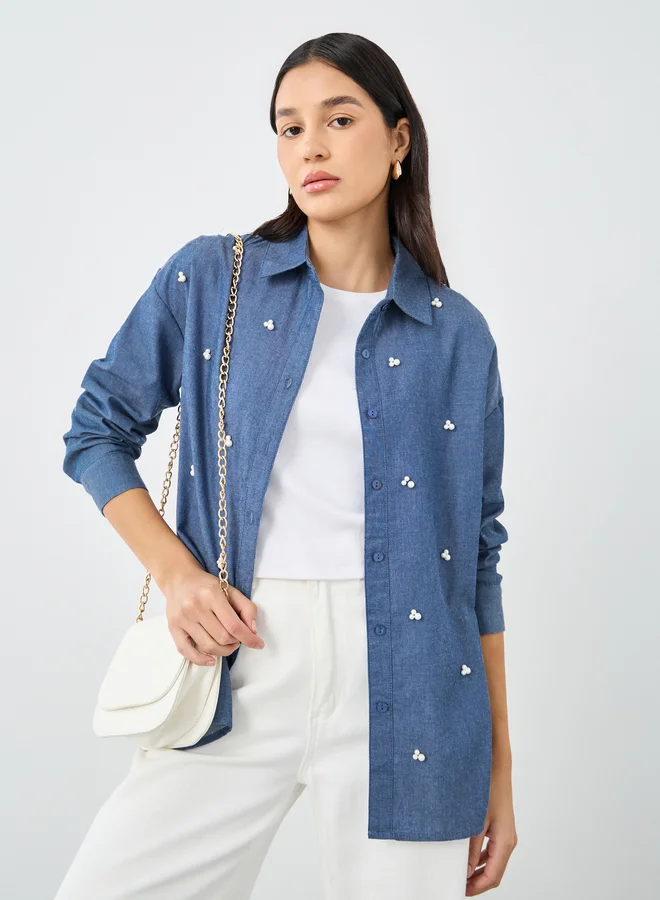 ستايلي Styli Embellished Long Sleeve Denim Shirt