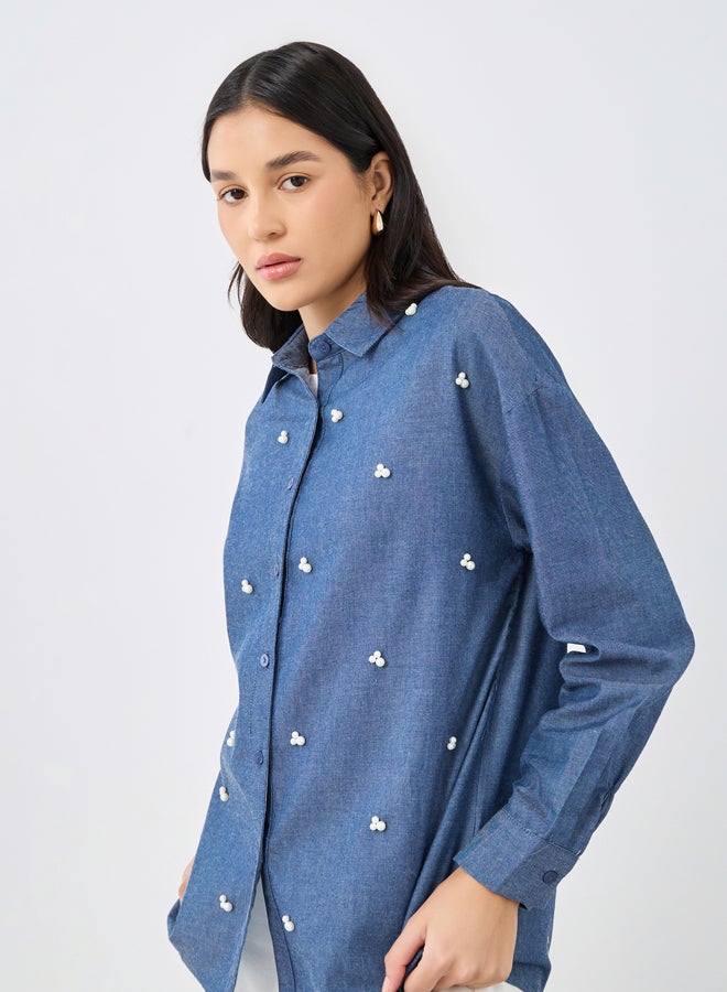 Styli Embellished Long Sleeve Denim Shirt - Image 3