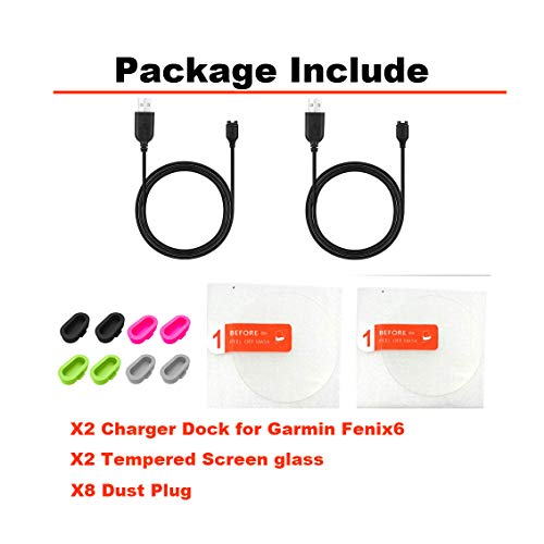 JIUJOJA 2Pack for Garmin Fenix 6/6 Pro/ 6 Sapphire/6 Solar Charging Sync Data Cable and 2Pcs Free HD Tempered Glass Screen Protector and 8pcs Color Charger Port Protector for Smart Watch - Image 2