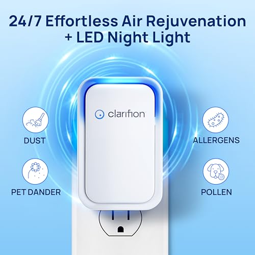 Clarifion كلاريفيون - أجهزة أيونات الهواء للمنزل (1 عبوة)، نظام ترشيح الأيونات السلبية، معطر هواء هادئ لغرفة النوم، المكتب، المطبخ، فلتر هواء محمول لإزالة الروائح، الدخان، الغبار، الحيوانات الأليفة، جهاز تنقية الهواء الصغير - Image 4