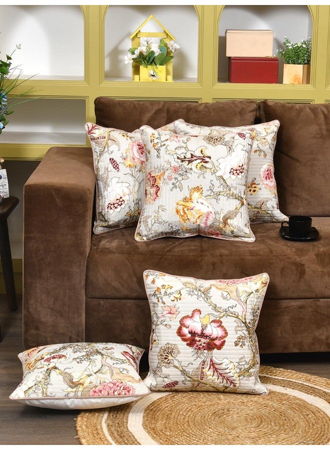 Clasiko Cushion Covers Set of 5 Multicolor Flowers On Beige with Quilting; Cotton Fabric; 12x12 Inches; Color Fastness Guarantee 17066-12x12 - Image 1