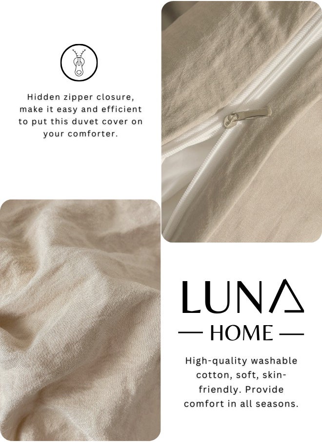 LUNA Home - Single Size 4 Pieces Bedding Set Washable Cotton Plain Beige - Image 1