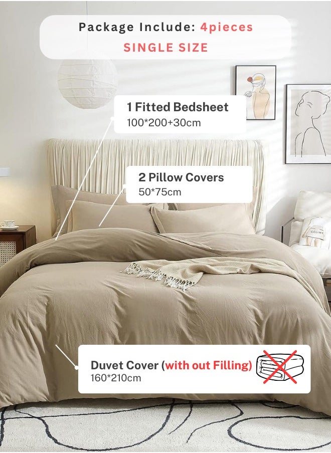 LUNA Home - Single Size 4 Pieces Bedding Set Washable Cotton Plain Beige - Image 1